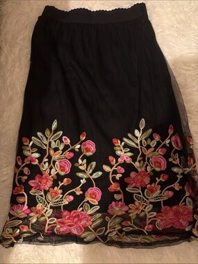 Black Floral Embroidered A-Line Skirt